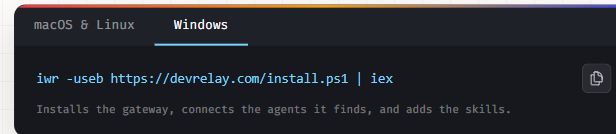 DevRelay 官網的安裝入口,有 macOS & Linux 和 Windows 分頁,畫面選中 Windows