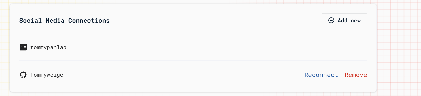 MLH 的 Social Media Connections 區塊,已連結 GitHub 帳號 Tommyweige