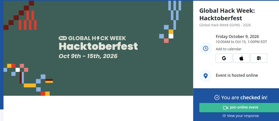Global Hack Week 活動頁,右側顯示 You are checked in,表示帳號已報到